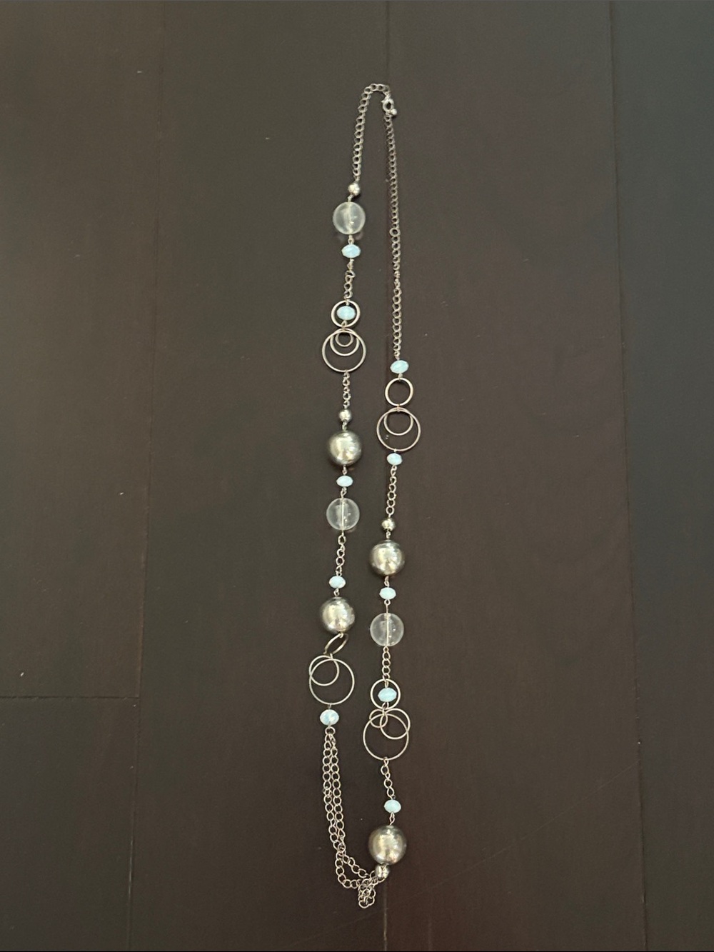 Silver and Light Blue Long Layered Beaded Necklace